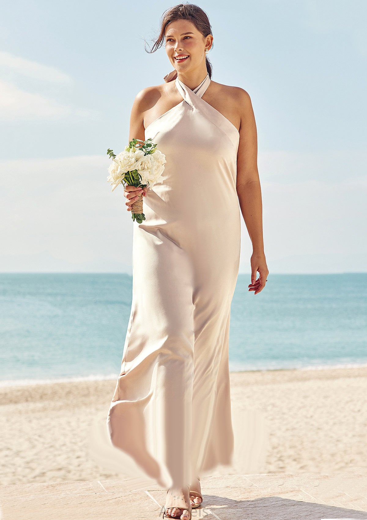 Sheath/Column Halter Sleeveless Ankle-Length Stretch Satin Plus Size Bridesmaid Dresses with Bowknot Roberta DFP0025237