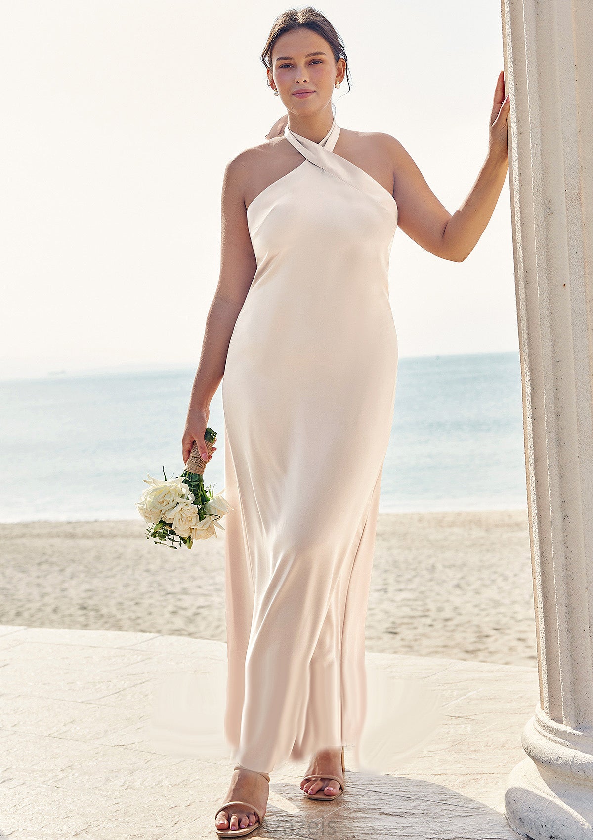 Sheath/Column Halter Sleeveless Ankle-Length Stretch Satin Plus Size Bridesmaid Dresses with Bowknot Roberta DFP0025237