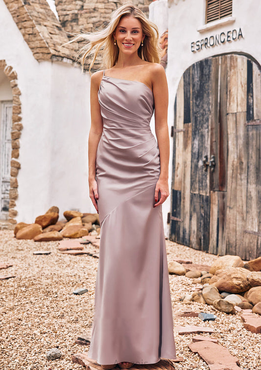 Sheath/Column One-Shoulder Sleeveless Floor-Length Stretch Satin Bridesmaid Dresses with Pleated Everleigh DFP0025238