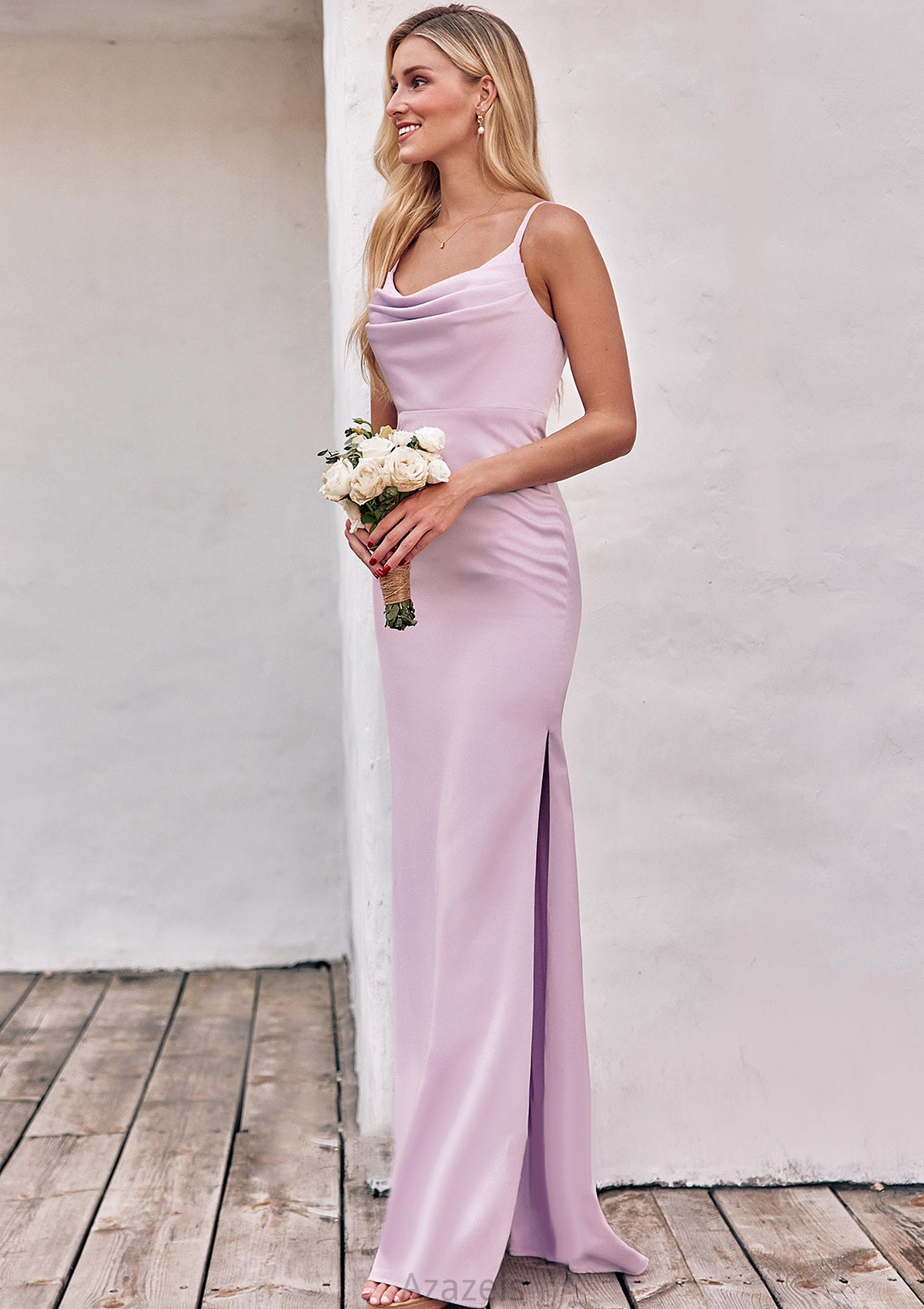 Sheath/Column Cowl Neck Sleeveless Floor-Length Stretch Satin Bridesmaid Dresses with Pleated Split Carly DFP0025242