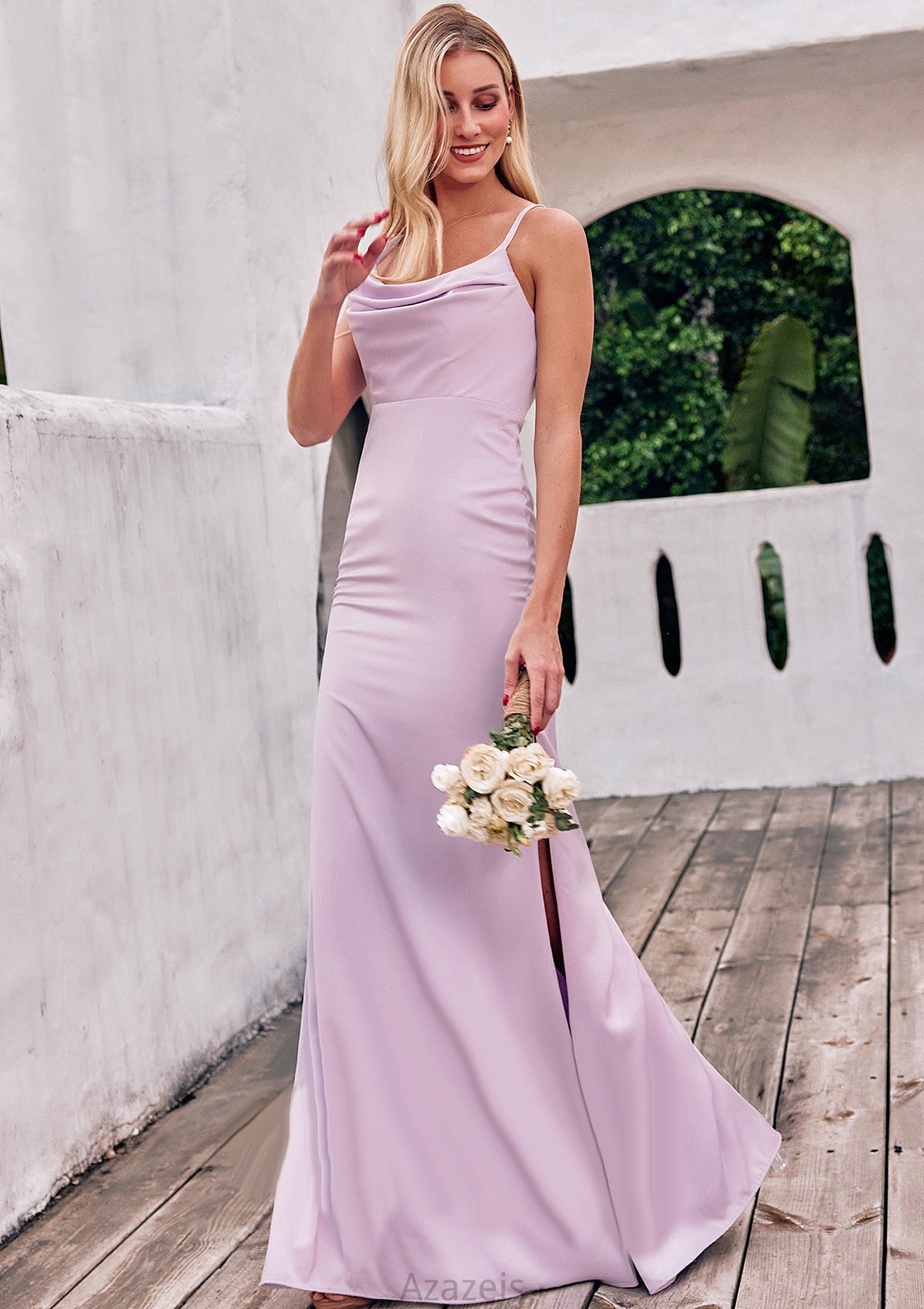 Sheath/Column Cowl Neck Sleeveless Floor-Length Stretch Satin Bridesmaid Dresses with Pleated Split Carly DFP0025242