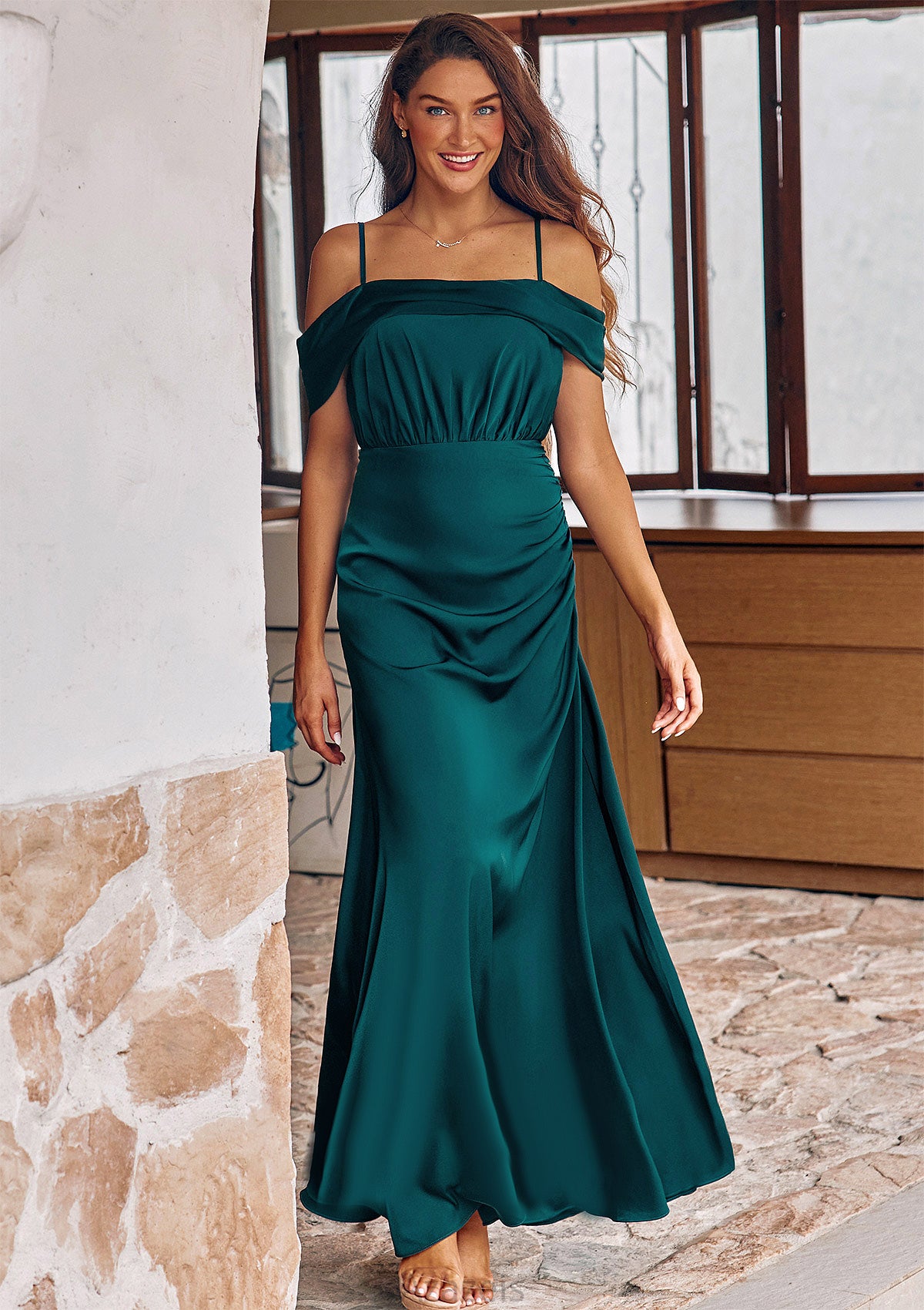 A-line Off-the-Shoulder Sleeveless Floor-Length Stretch Satin Bridesmaid Dresses with Pleated Ann DFP0025243