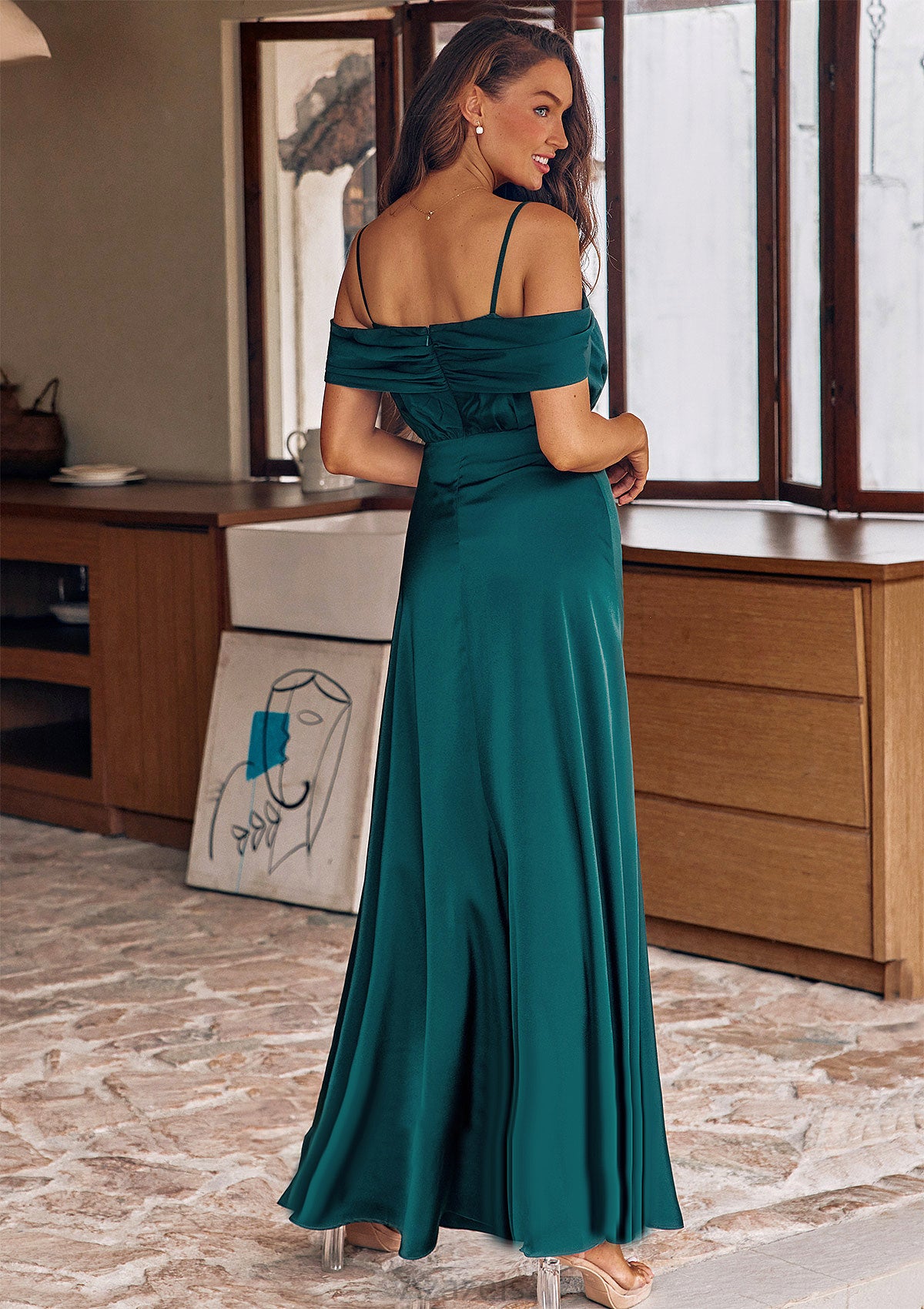 A-line Off-the-Shoulder Sleeveless Floor-Length Stretch Satin Bridesmaid Dresses with Pleated Ann DFP0025243