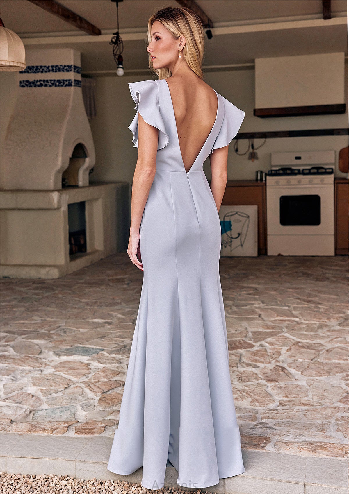 Trumpet/Mermaid Scoop Neck Short Sleeve Floor-Length Stretch Crepe Bridesmaid Dresses with Pleated Ruffles Nyasia DFP0025244