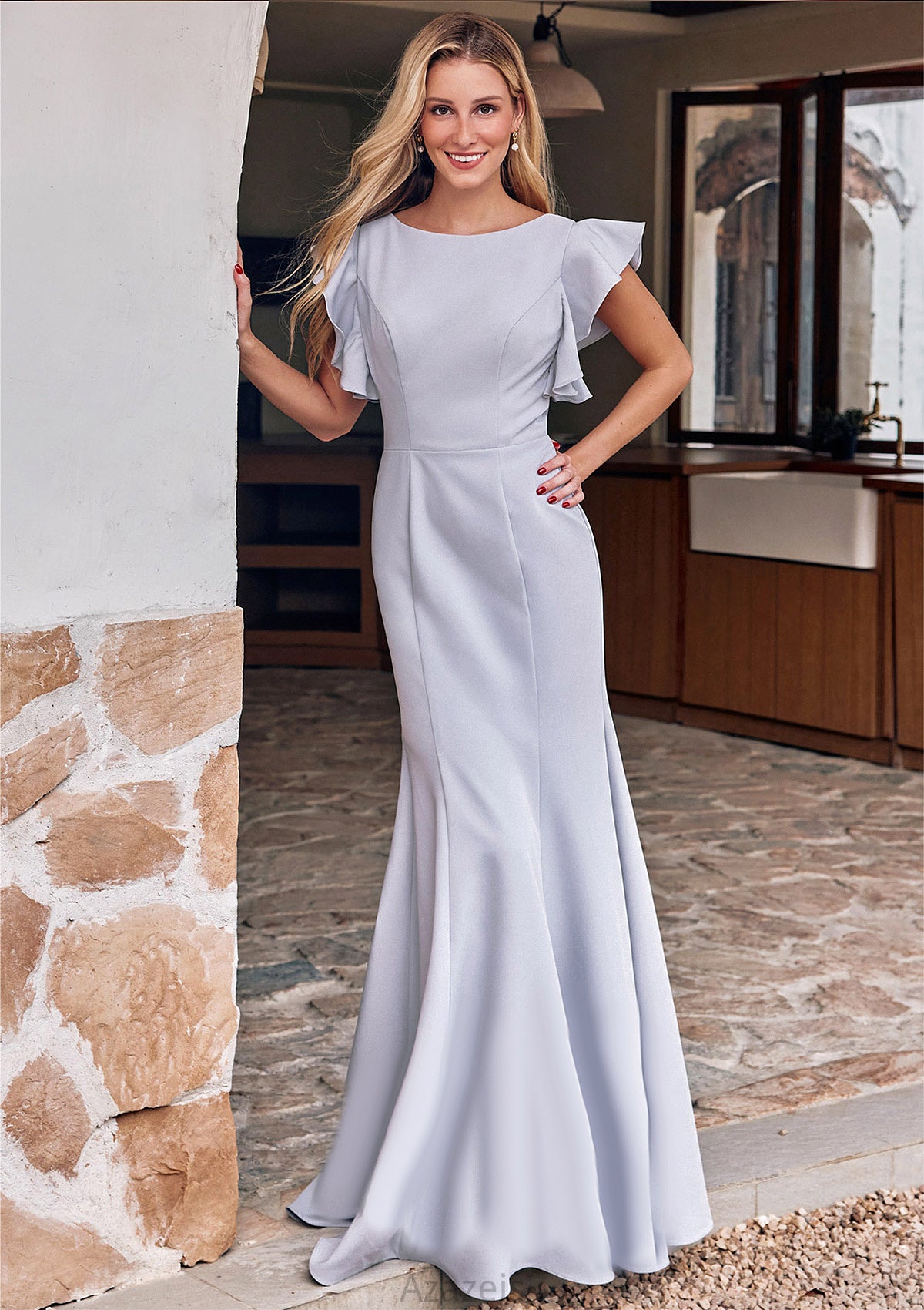 Trumpet/Mermaid Scoop Neck Short Sleeve Floor-Length Stretch Crepe Bridesmaid Dresses with Pleated Ruffles Nyasia DFP0025244