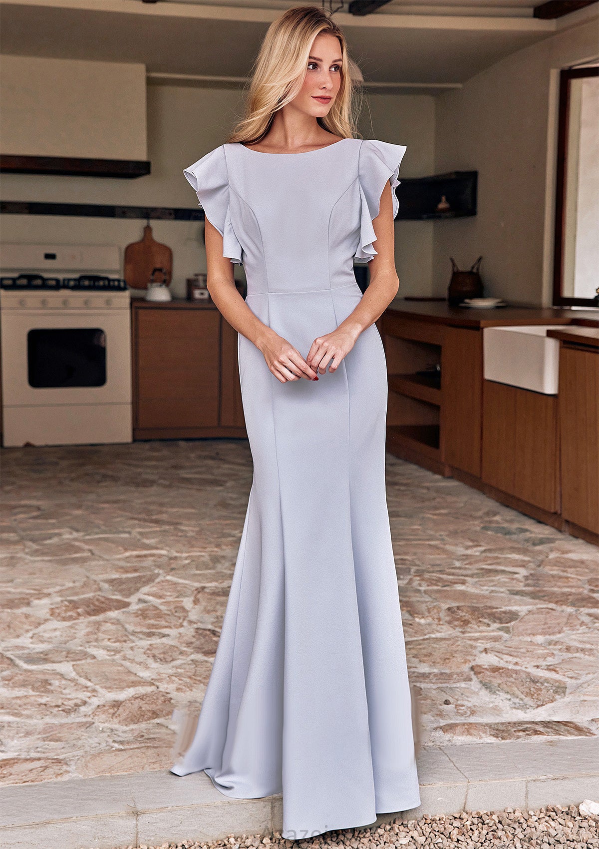 Trumpet/Mermaid Scoop Neck Short Sleeve Floor-Length Stretch Crepe Bridesmaid Dresses with Pleated Ruffles Nyasia DFP0025244