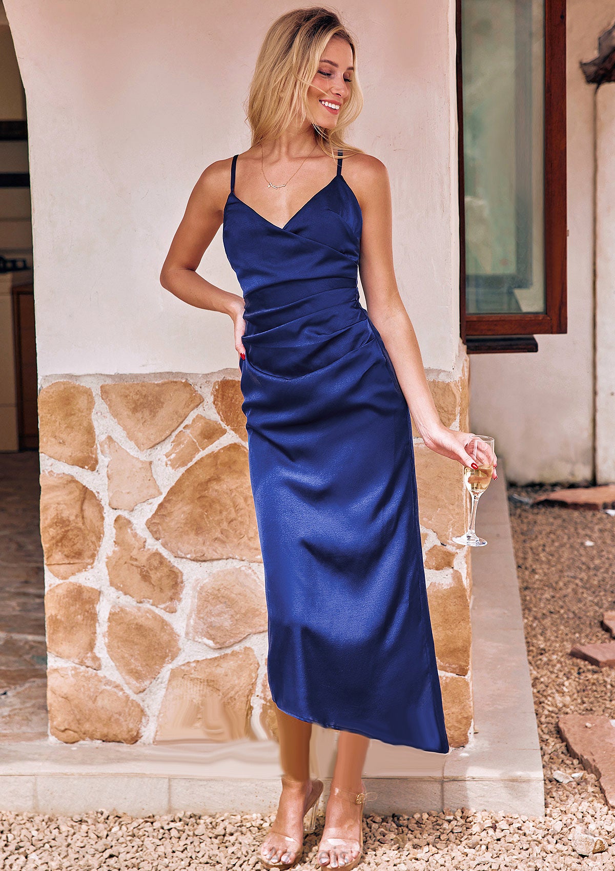 Sheath/Column V Neck Sleeveless Asymmetrical Stretch Satin Bridesmaid Dresses with Pleated Camryn DFP0025245