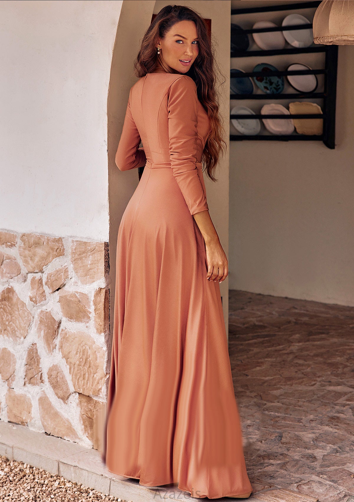 A-line V Neck Full/Long Sleeve Floor-Length Jersey Bridesmaid Dresses with Pleated Sashes Aliza DFP0025246