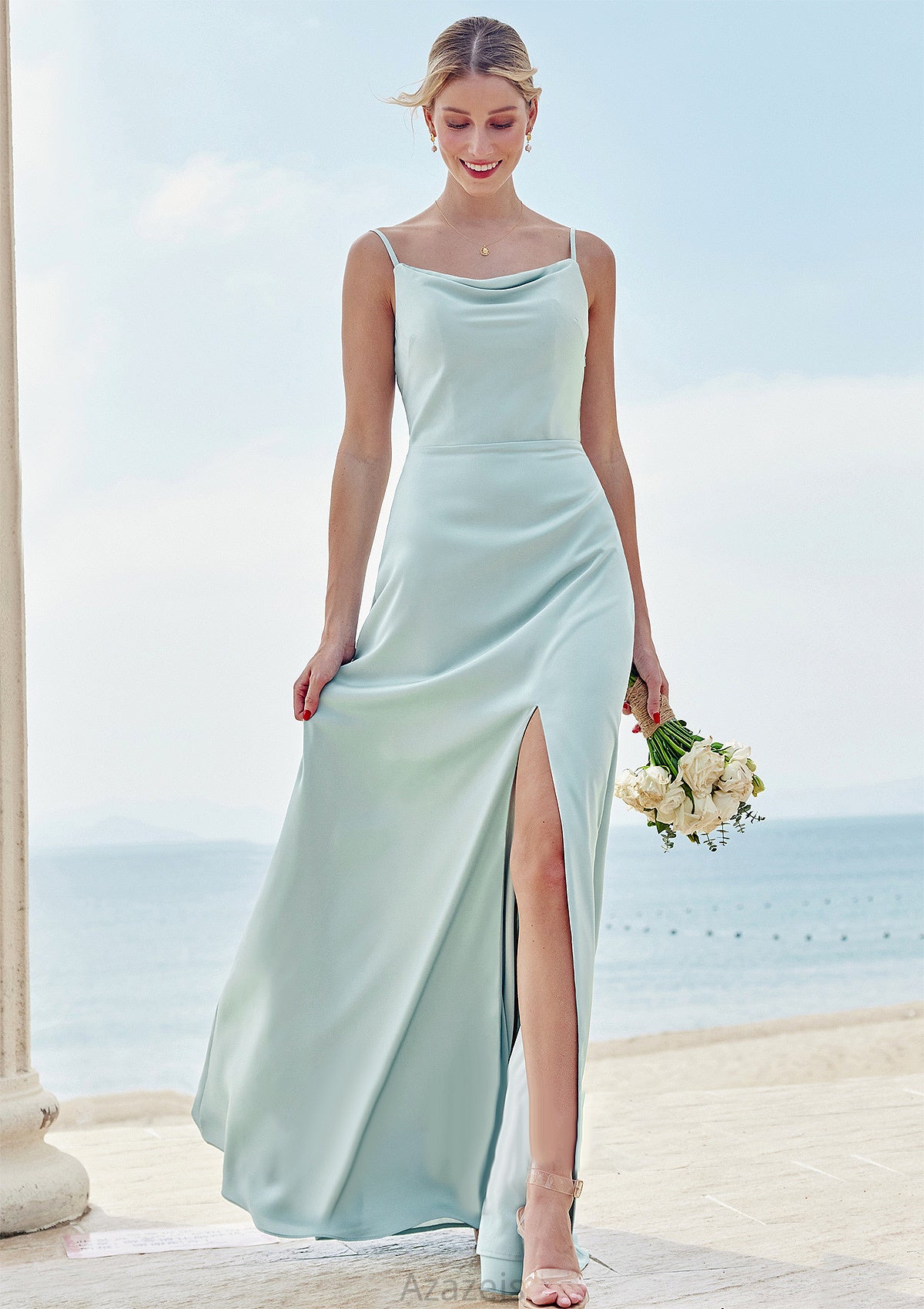 A-line Square Neckline Sleeveless Floor-Length Stretch Satin Bridesmaid Dresses with Split Annie DFP0025248