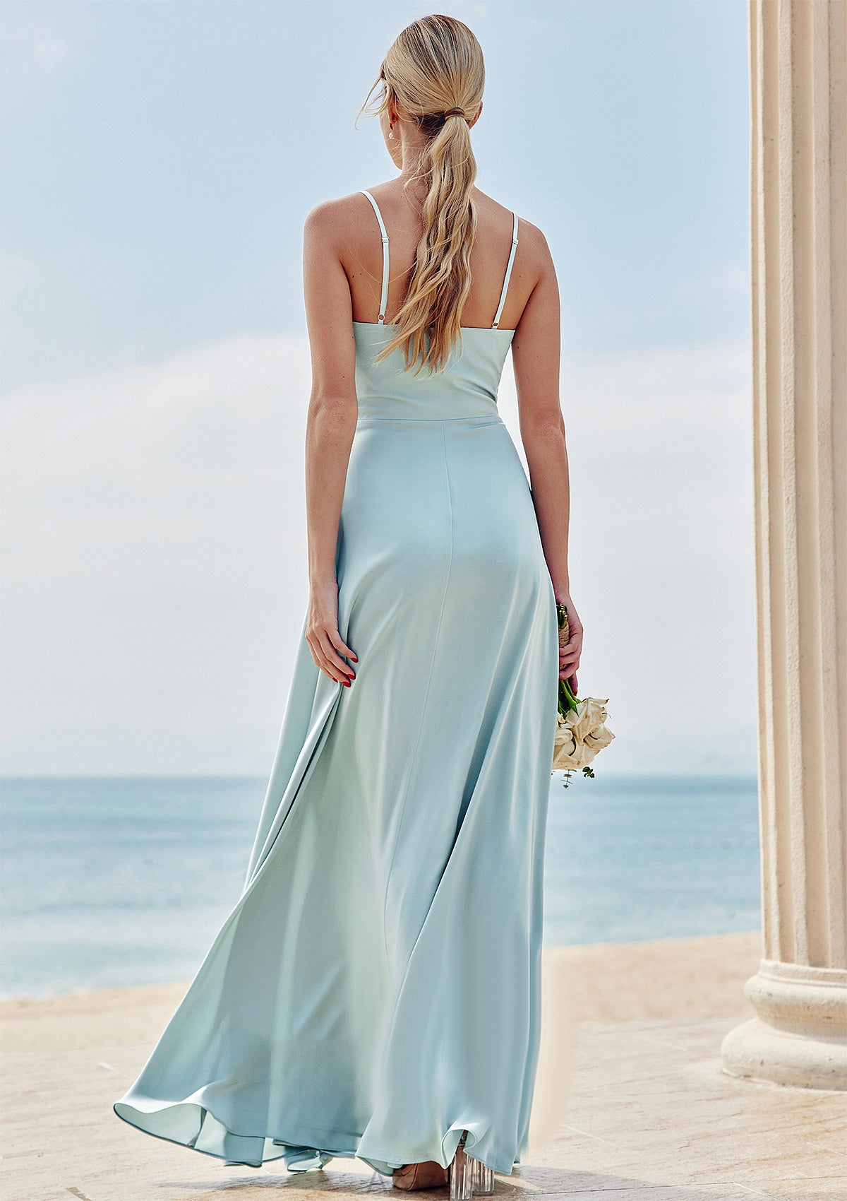 A-line Square Neckline Sleeveless Floor-Length Stretch Satin Bridesmaid Dresses with Split Annie DFP0025248