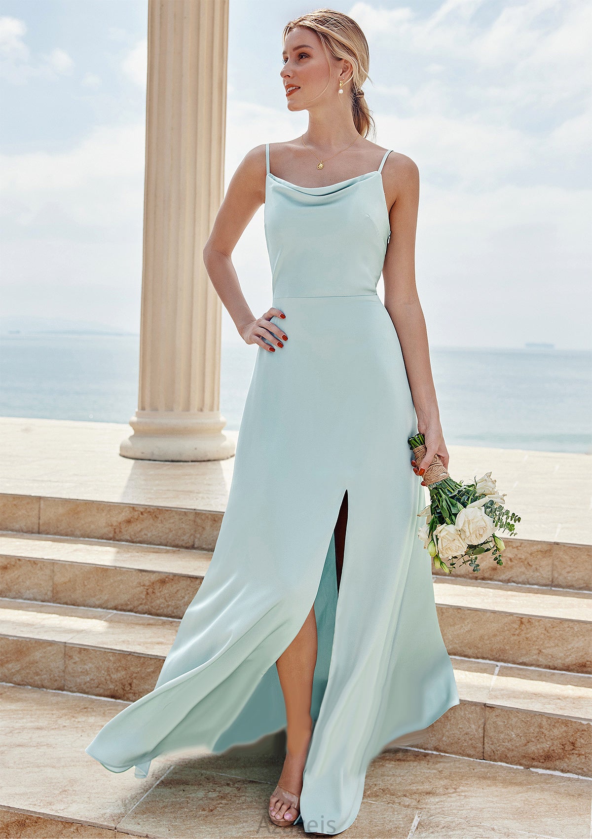 A-line Square Neckline Sleeveless Floor-Length Stretch Satin Bridesmaid Dresses with Split Annie DFP0025248