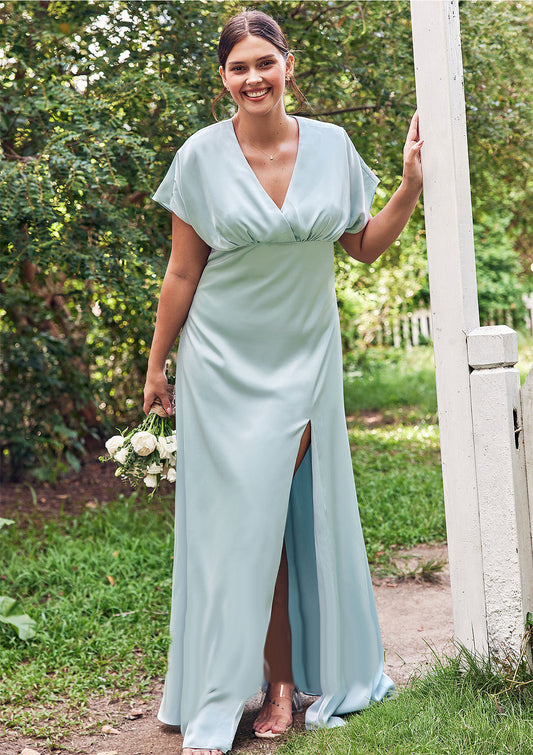 Empire V Neck Short Sleeve Floor-Length Stretch Satin Bridesmaid Dresses with Split Iris DFP0025249