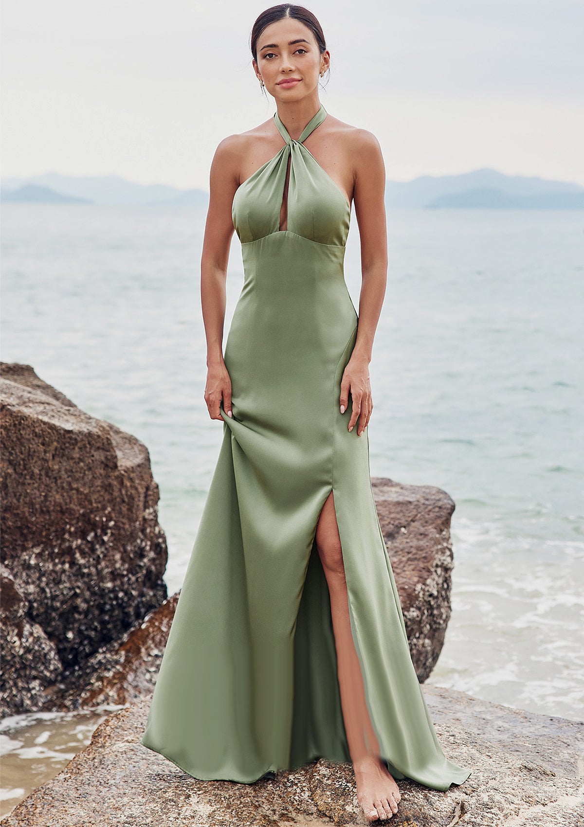 A-line Halter Sleeveless Floor-Length Stretch Satin Bridesmaid Dresses with Split Chanel DFP0025250