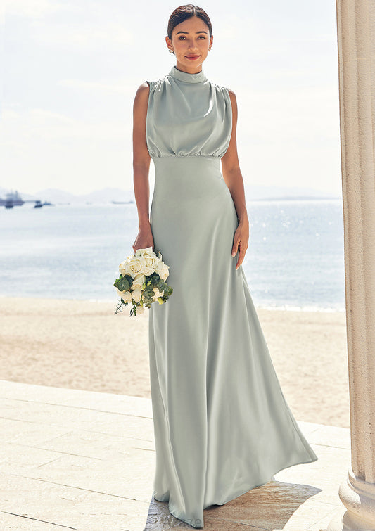 A-line High-Neck Sleeveless Floor-Length Stretch Satin Bridesmaid Dresses Katrina DFP0025252