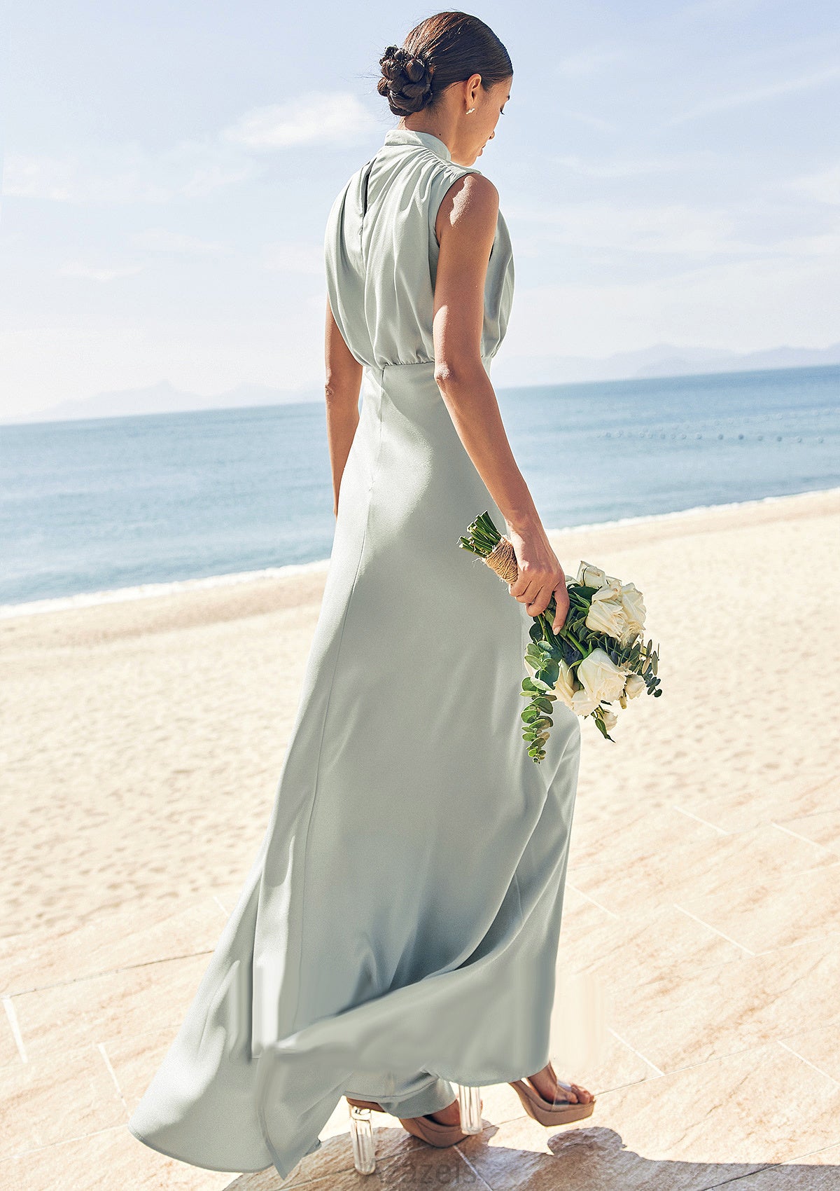 A-line High-Neck Sleeveless Floor-Length Stretch Satin Bridesmaid Dresses Katrina DFP0025252