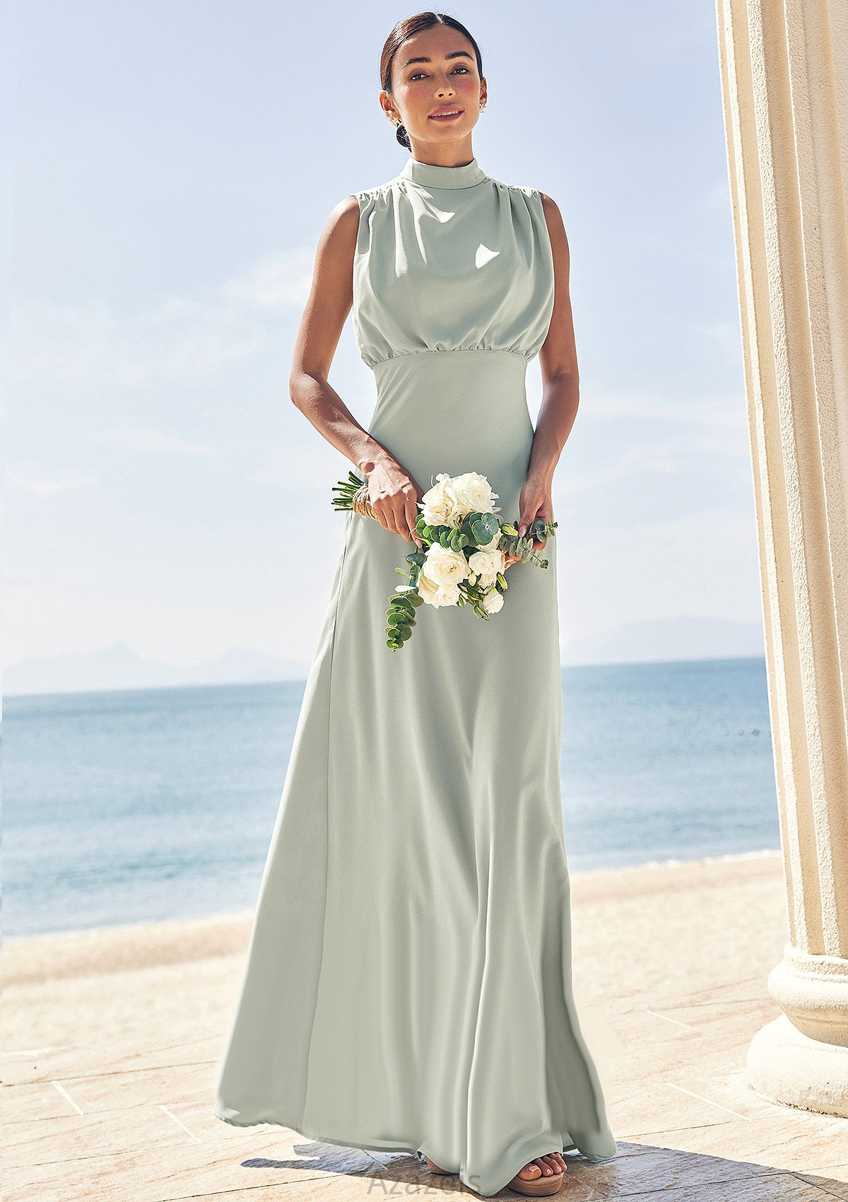 A-line High-Neck Sleeveless Floor-Length Stretch Satin Bridesmaid Dresses Katrina DFP0025252