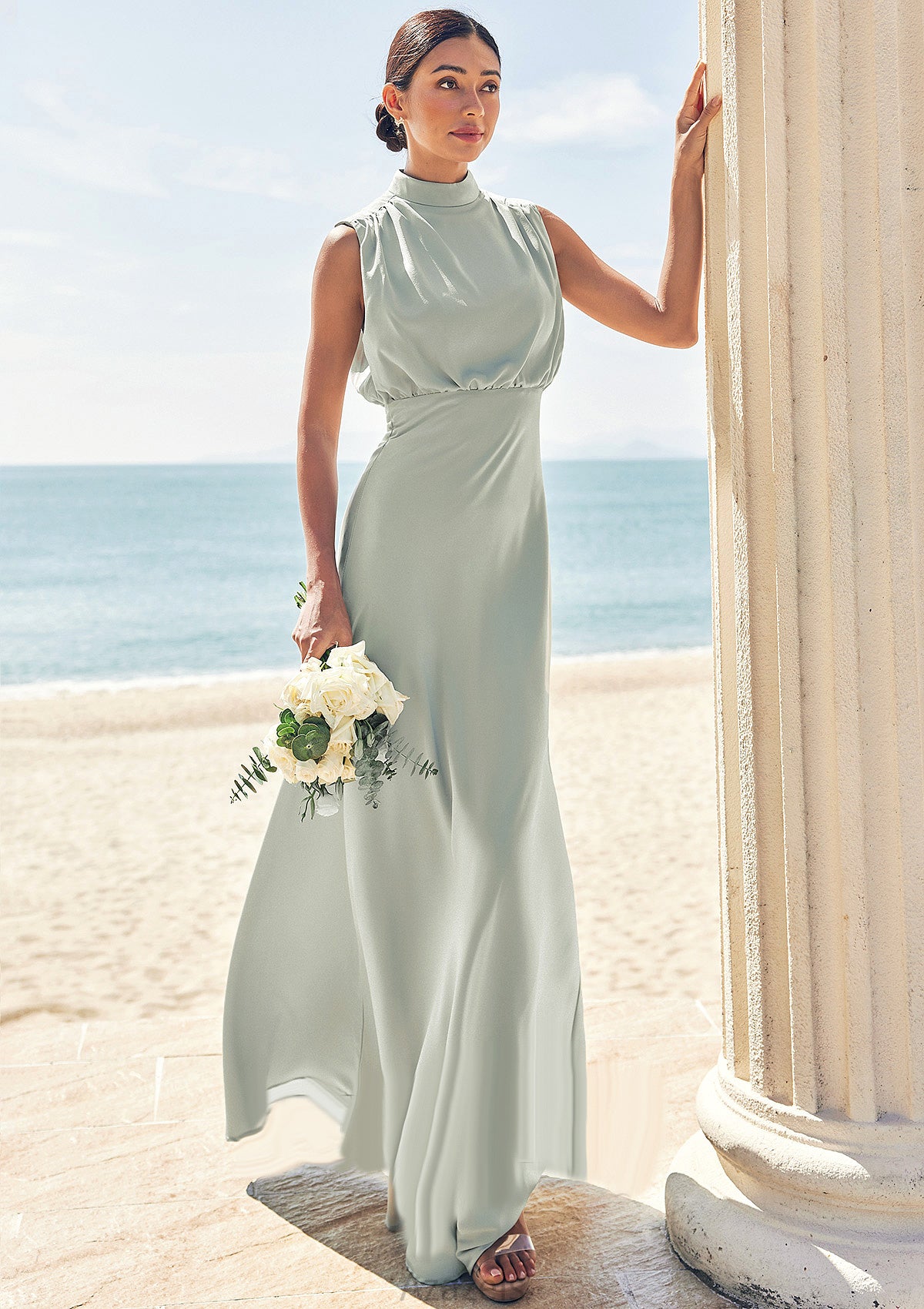 A-line High-Neck Sleeveless Floor-Length Stretch Satin Bridesmaid Dresses Katrina DFP0025252