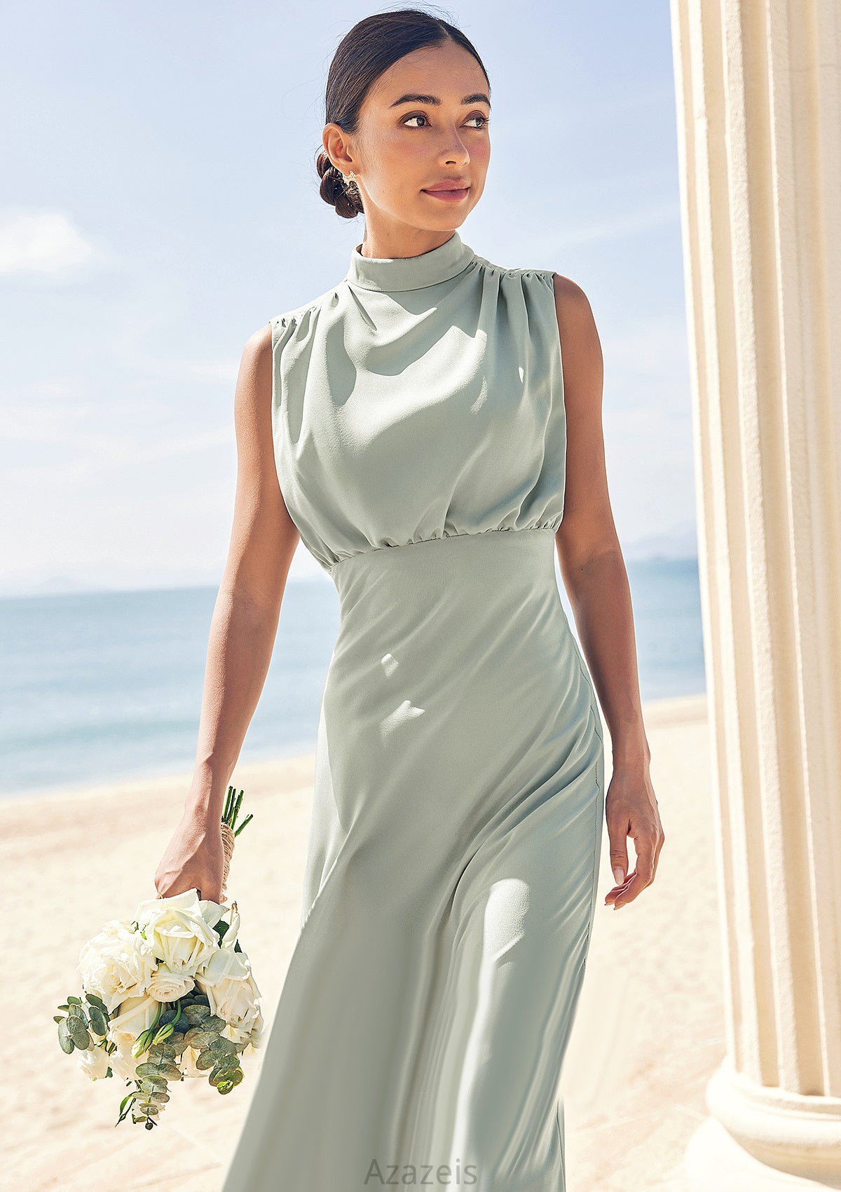 A-line High-Neck Sleeveless Floor-Length Stretch Satin Bridesmaid Dresses Katrina DFP0025252