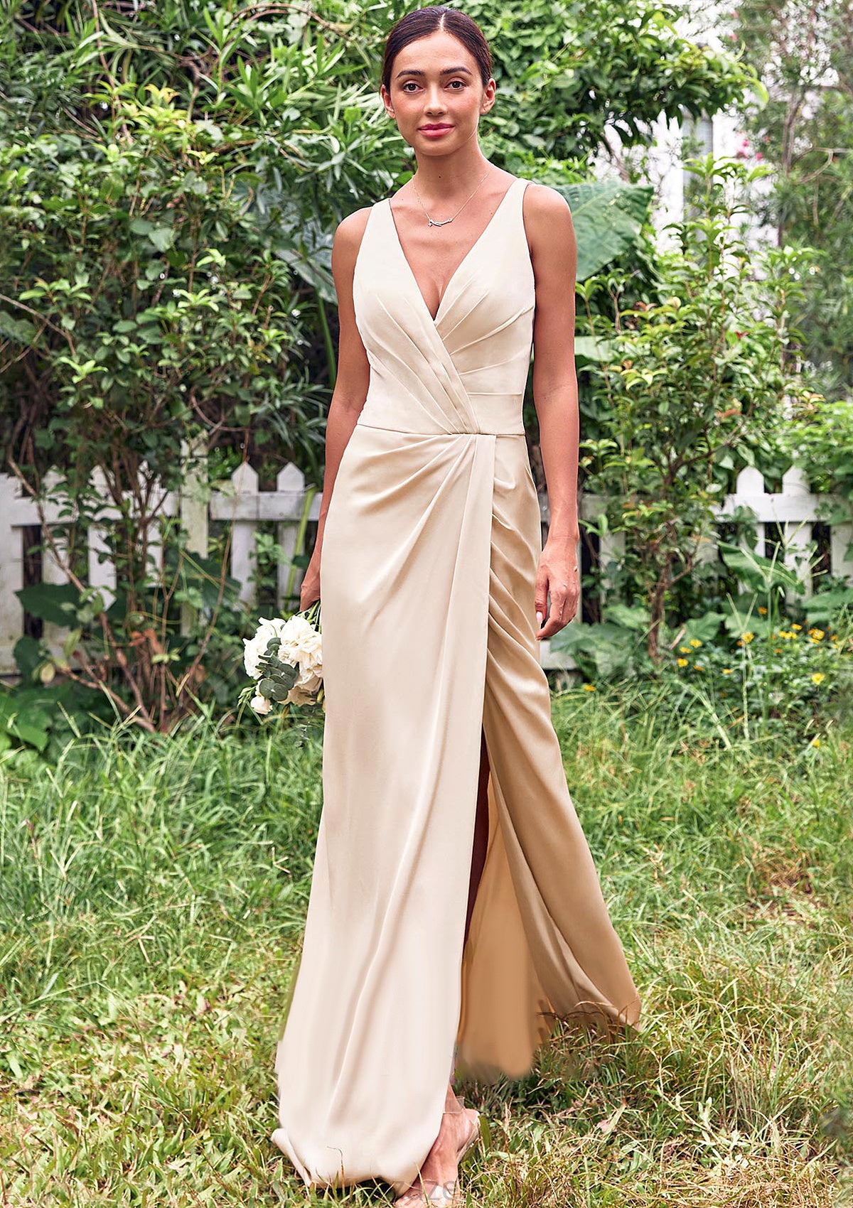 Trumpet/Mermaid V Neck Sleeveless Floor-Length Stretch Satin Bridesmaid Dresses with Pleated Split Eloise DFP0025255