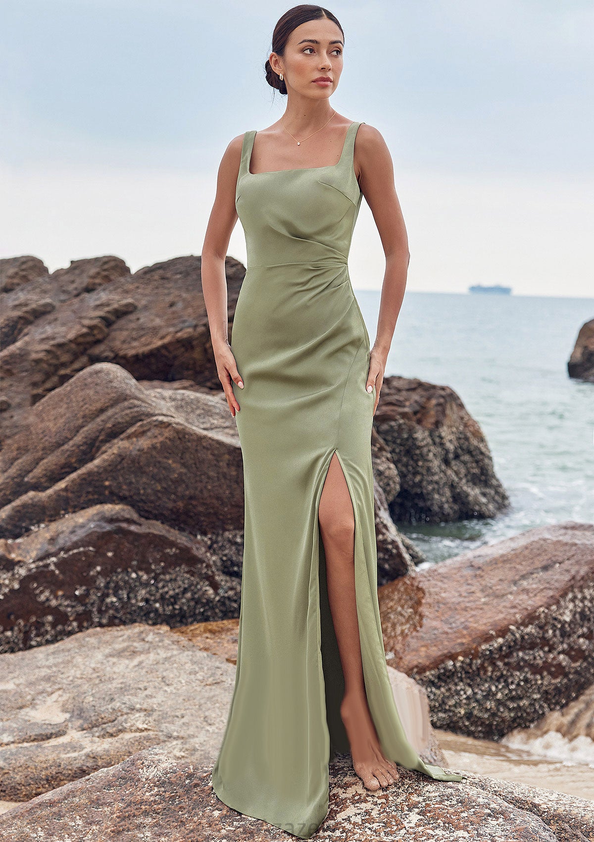 Sheath/Column Square Neckline Sleeveless Floor-Length Stretch Satin Bridesmaid Dresses with Pleated Split Nora DFP0025258