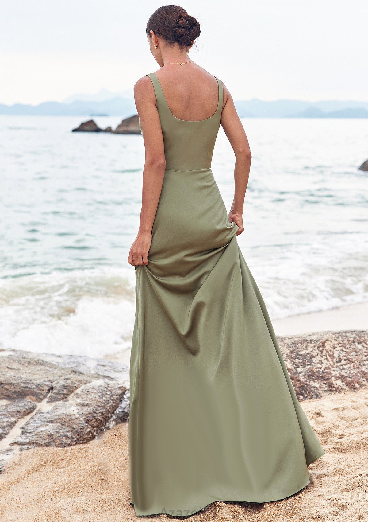 Sheath/Column Square Neckline Sleeveless Floor-Length Stretch Satin Bridesmaid Dresses with Pleated Split Nora DFP0025258