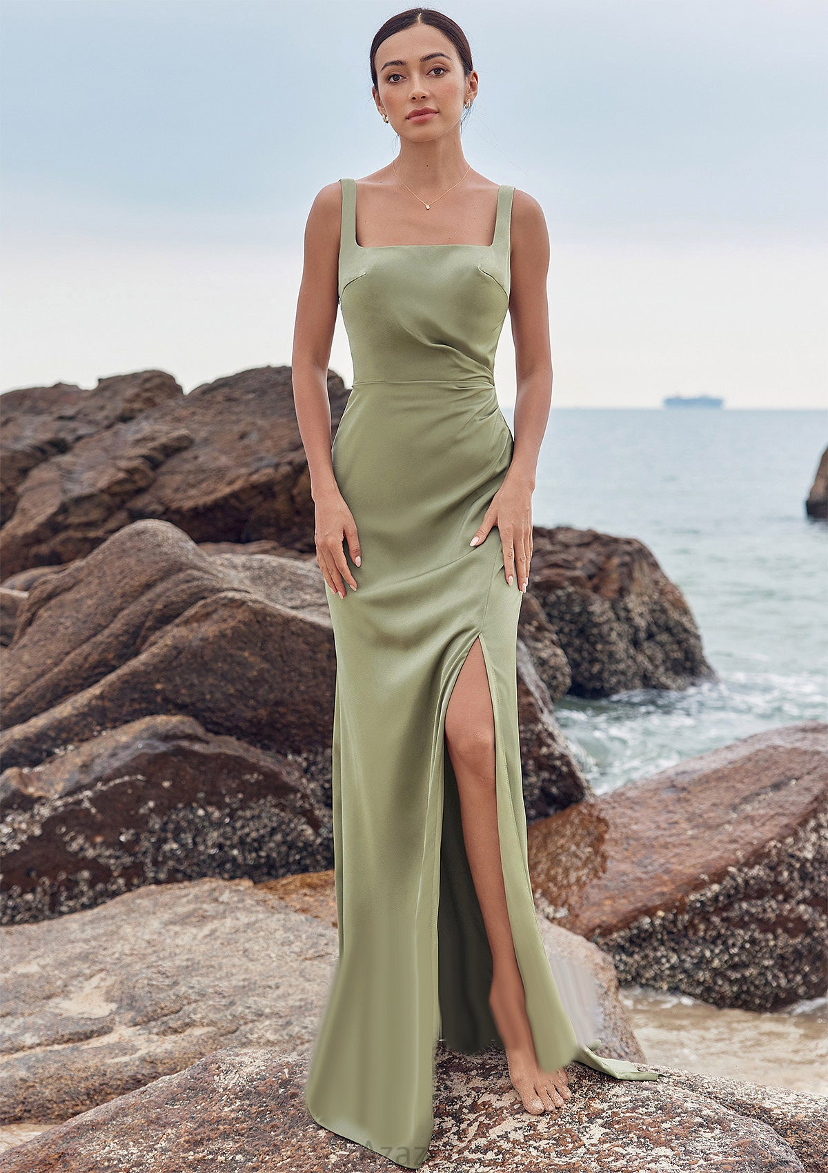 Sheath/Column Square Neckline Sleeveless Floor-Length Stretch Satin Bridesmaid Dresses with Pleated Split Nora DFP0025258