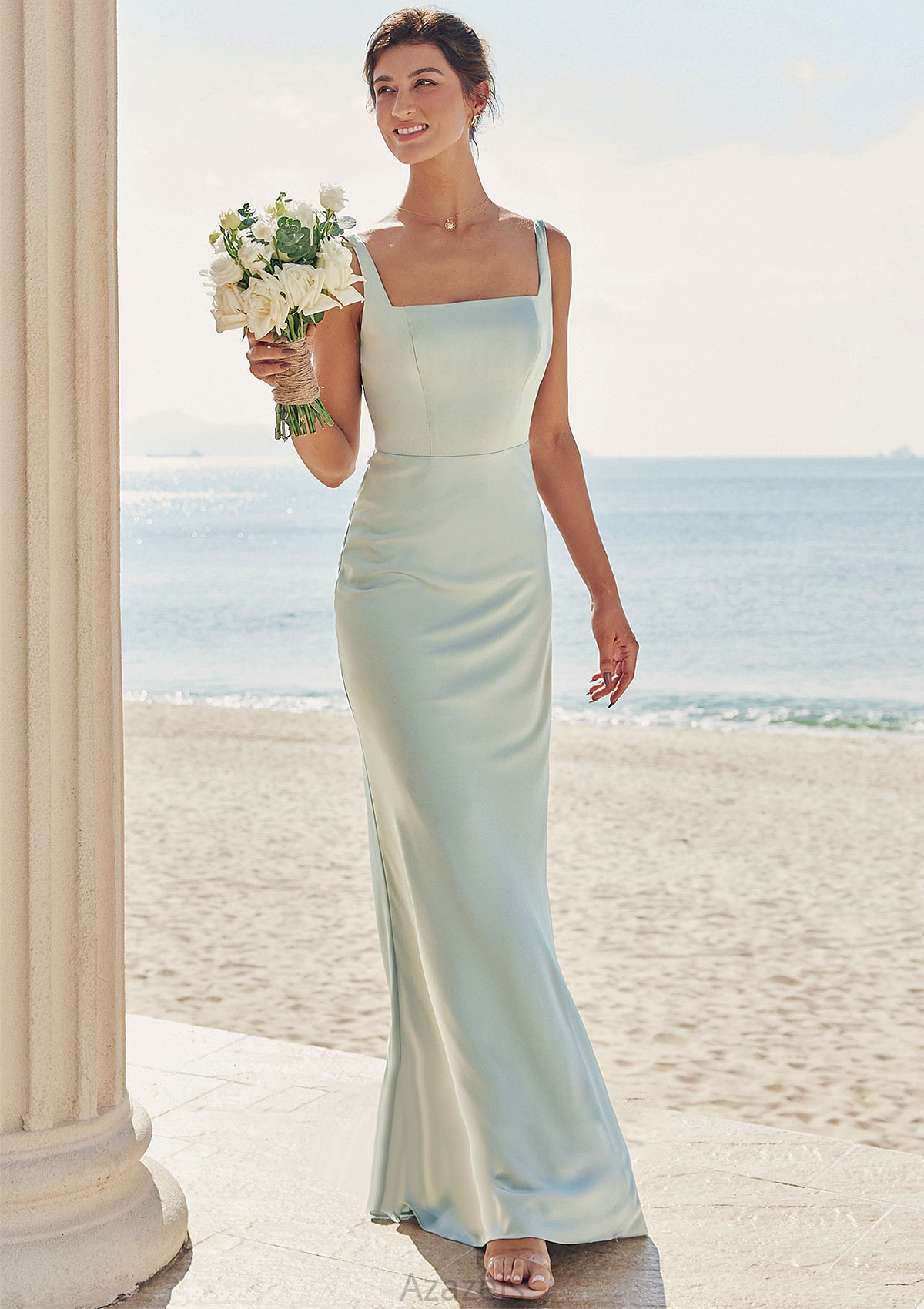 Sheath/Column Square Neckline Sleeveless Floor-Length Stretch Satin Bridesmaid Dresses Jaliyah DFP0025262