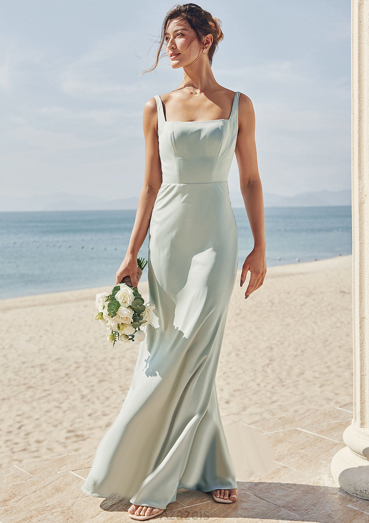 Sheath/Column Square Neckline Sleeveless Floor-Length Stretch Satin Bridesmaid Dresses Jaliyah DFP0025262