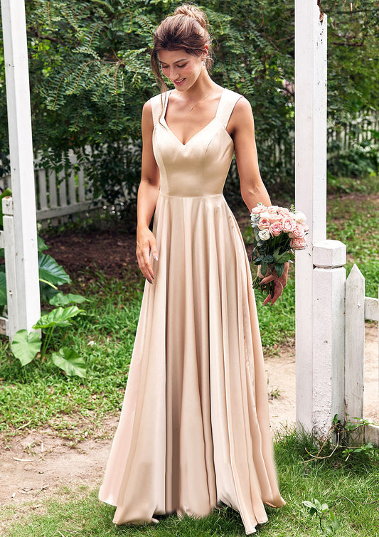 A-line V Neck Sleeveless Floor-Length Stretch Satin Bridesmaid Dresses with Pleated Jaliyah DFP0025266