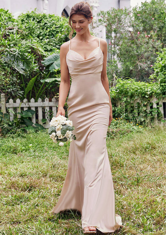 Sheath/Column V Neck Sleeveless Floor-Length Stretch Satin Bridesmaid Dresses with Pleated Millie DFP0025267