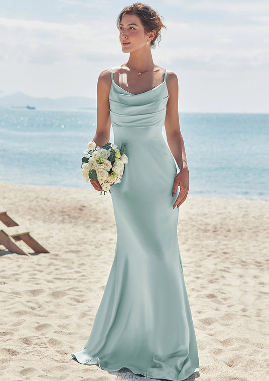 Sheath/Column V Neck Sleeveless Floor-Length Stretch Satin Bridesmaid Dresses with Pleated Henrietta DFP0025268