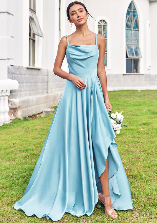 A-line Cowl Neck Sleeveless Floor-Length Stretch Satin Bridesmaid Dresses with Pleated Ruffles Split Cameron DFP0025270