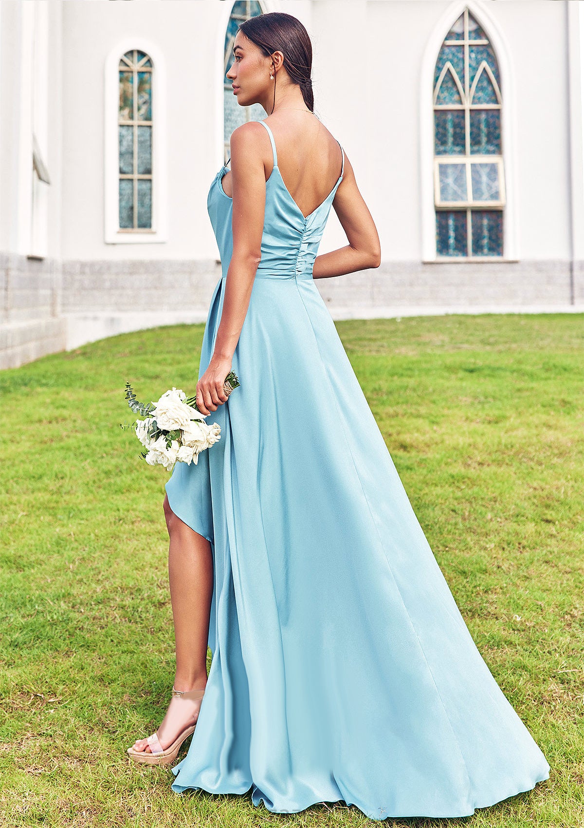 A-line Cowl Neck Sleeveless Floor-Length Stretch Satin Bridesmaid Dresses with Pleated Ruffles Split Cameron DFP0025270