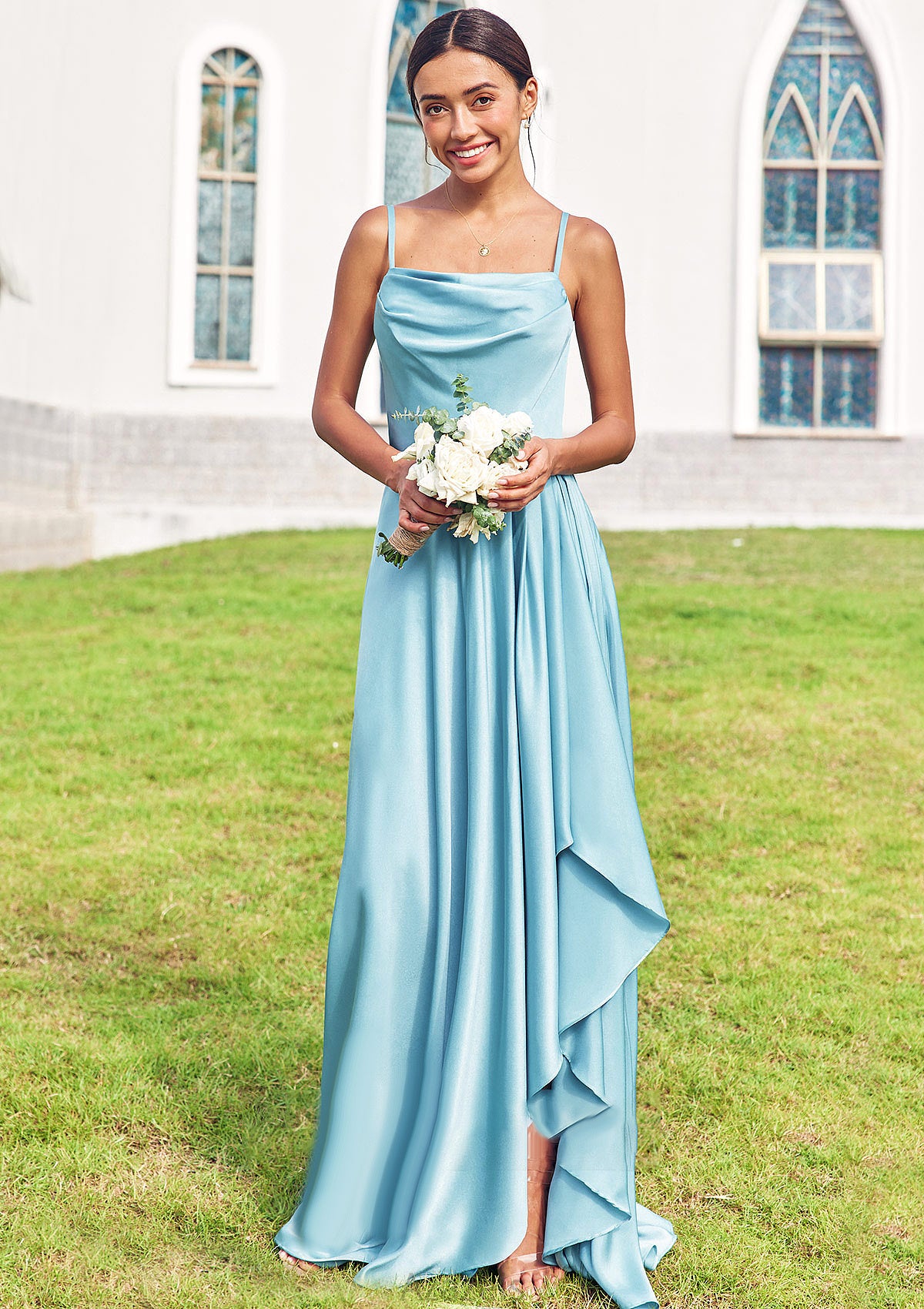 A-line Cowl Neck Sleeveless Floor-Length Stretch Satin Bridesmaid Dresses with Pleated Ruffles Split Cameron DFP0025270