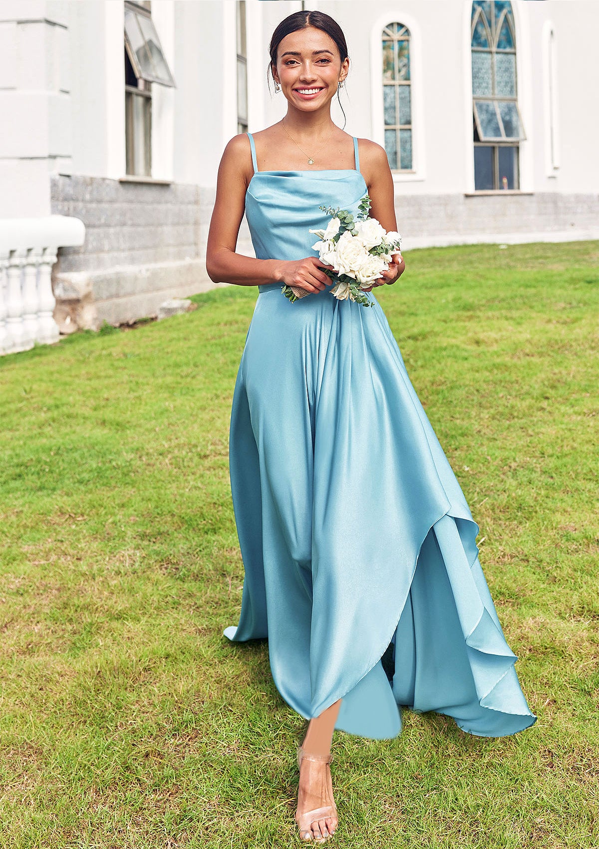 A-line Cowl Neck Sleeveless Floor-Length Stretch Satin Bridesmaid Dresses with Pleated Ruffles Split Cameron DFP0025270