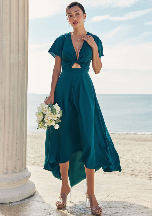 A-line V Neck Short Sleeve Asymmetrical Stretch Satin Bridesmaid Dresses with Bowknot Sashes Kayla DFP0025272