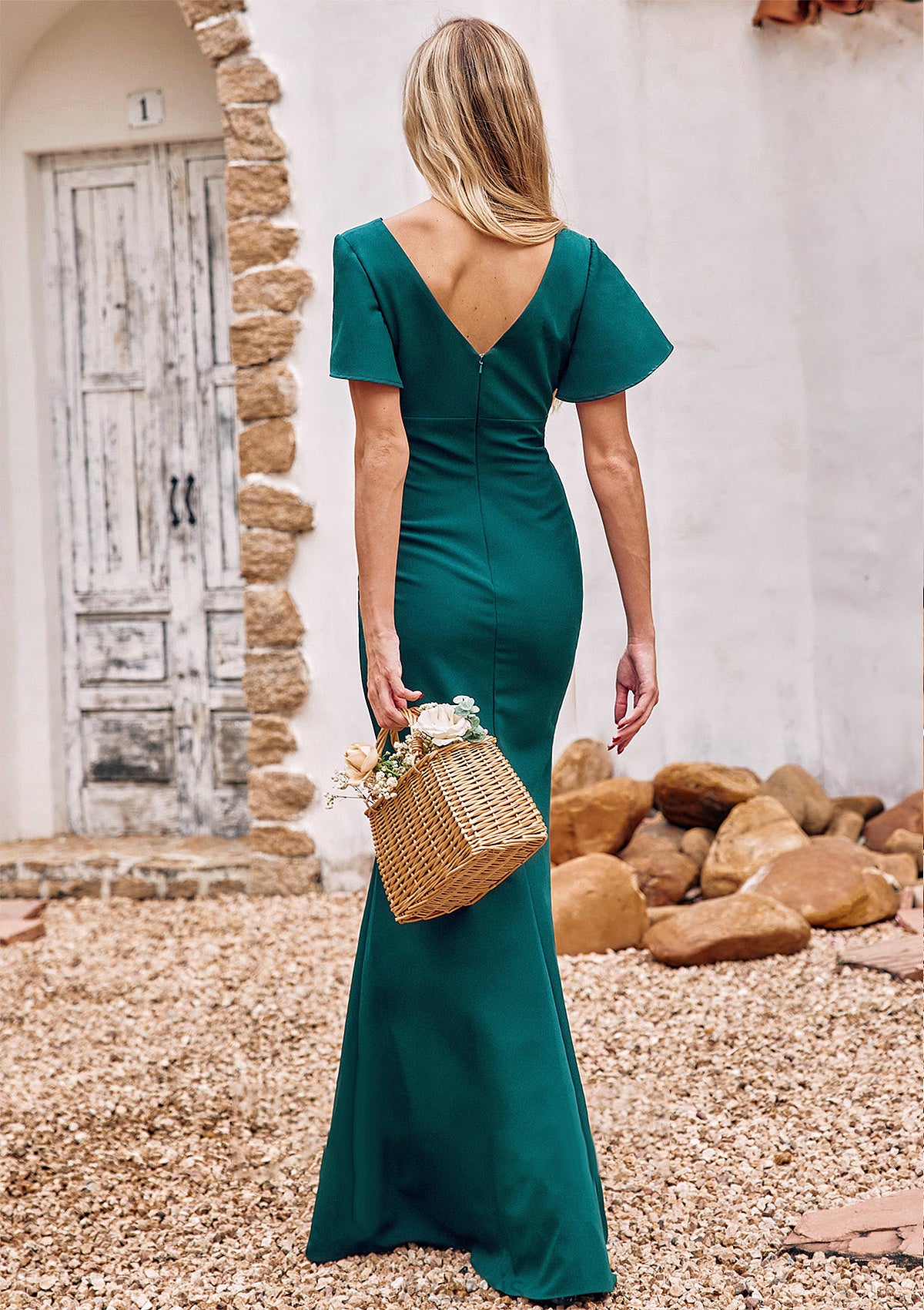 Trumpet/Mermaid V Neck Short Sleeve Stretch Crepe Floor-Length Bridesmaid Dresses with Split Annie DFP0025273