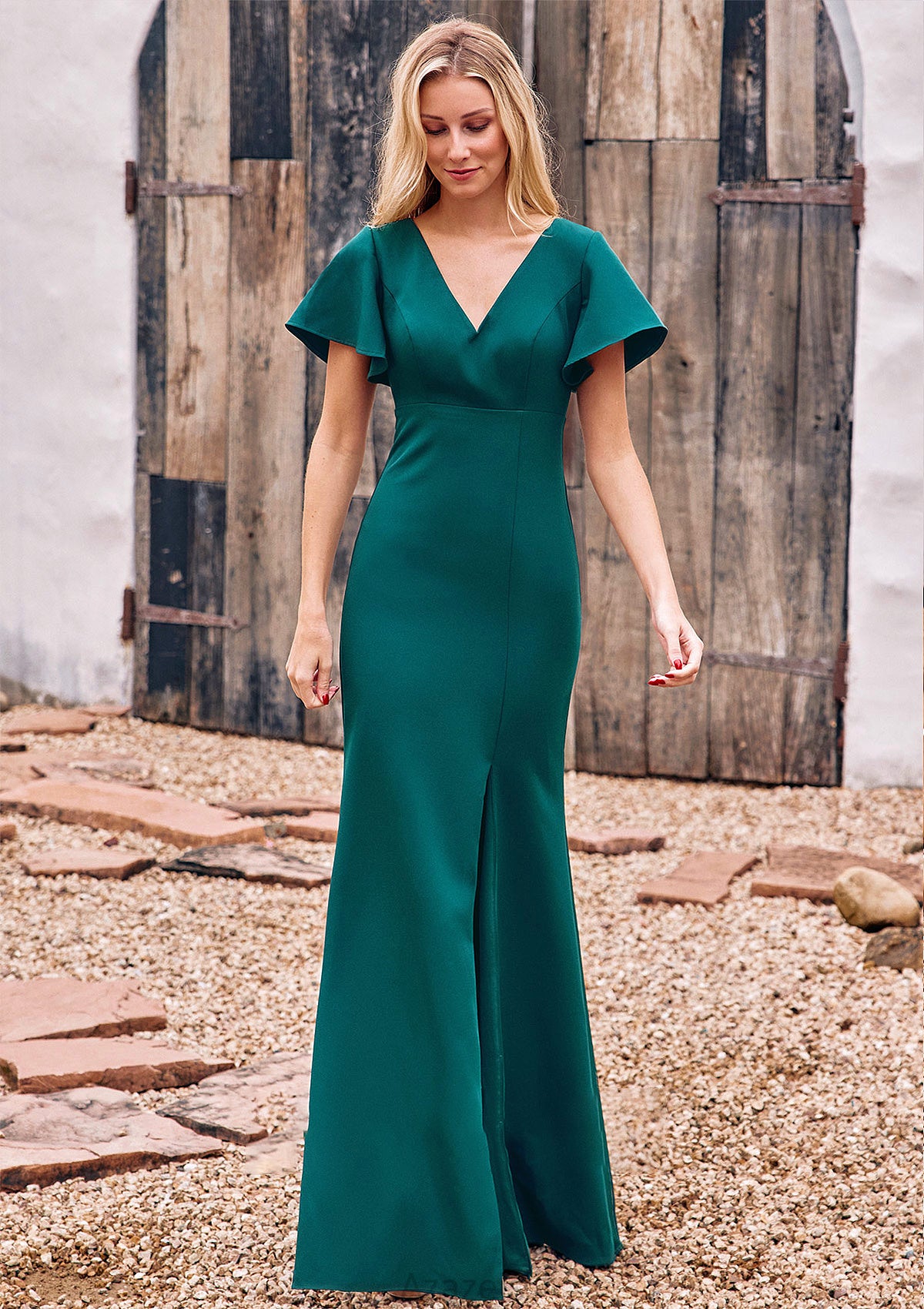 Trumpet/Mermaid V Neck Short Sleeve Stretch Crepe Floor-Length Bridesmaid Dresses with Split Annie DFP0025273