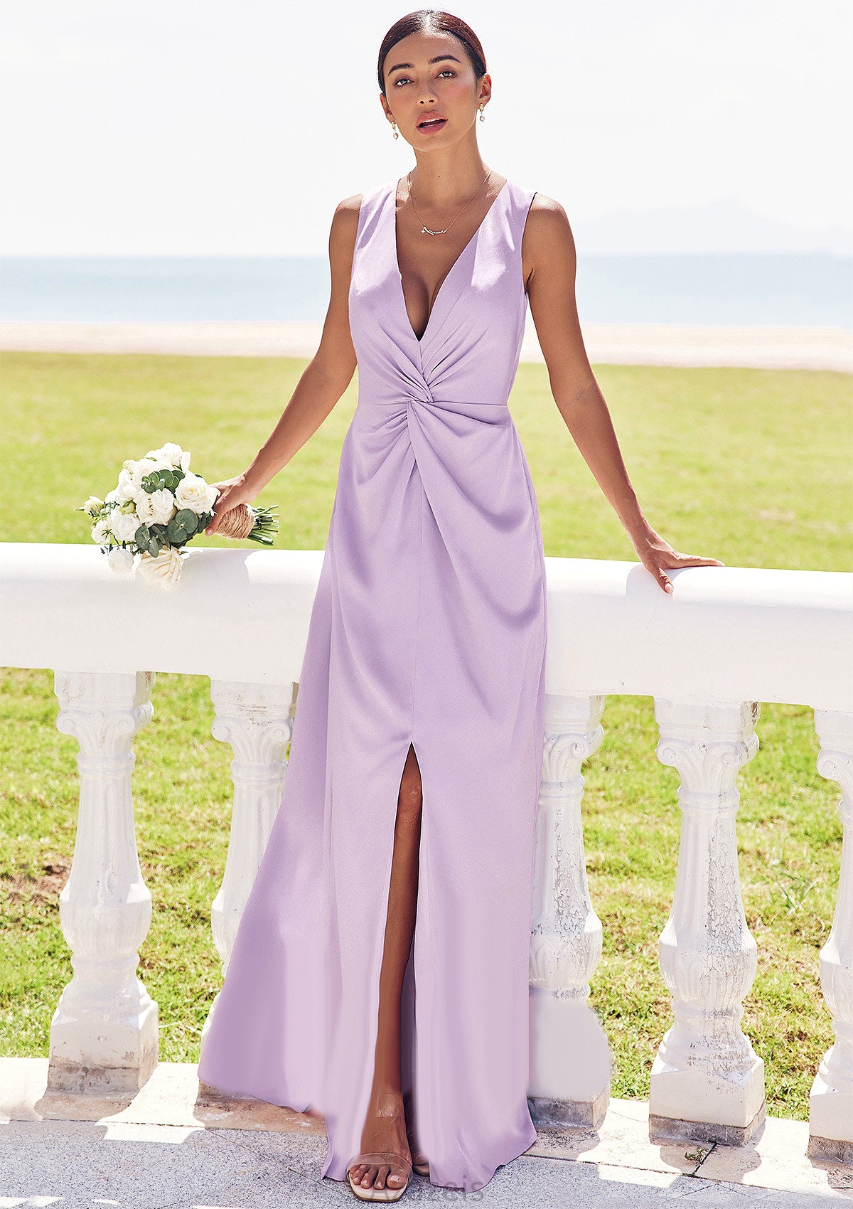 A-line V Neck Sleeveless Floor-Length Stretch Satin Bridesmaid Dresses with Pleated Split Rachael DFP0025276