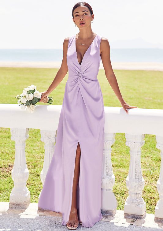 A-line V Neck Sleeveless Floor-Length Stretch Satin Bridesmaid Dresses with Pleated Split Rachael DFP0025276