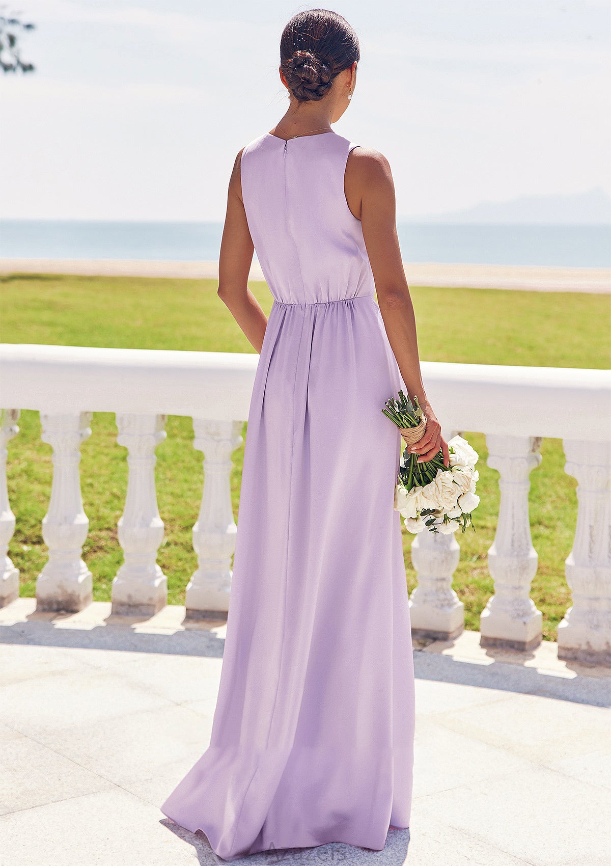 A-line V Neck Sleeveless Floor-Length Stretch Satin Bridesmaid Dresses with Pleated Split Rachael DFP0025276