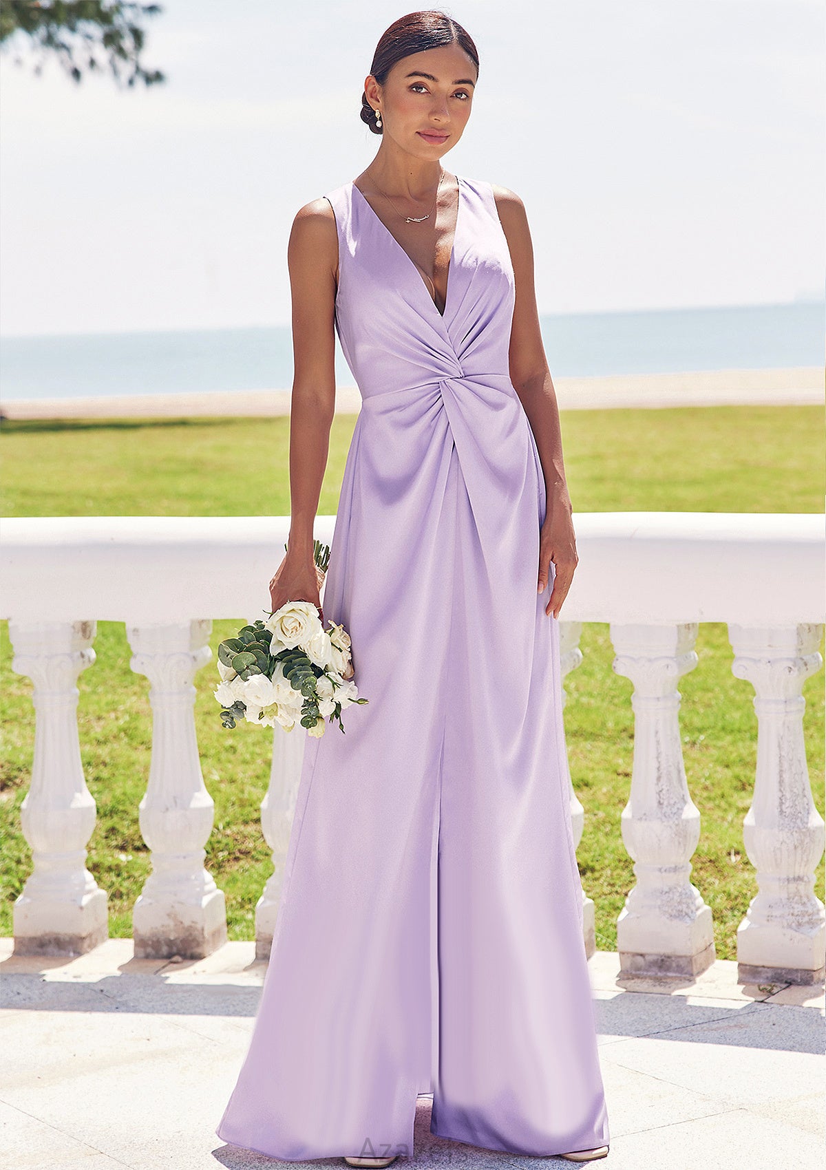 A-line V Neck Sleeveless Floor-Length Stretch Satin Bridesmaid Dresses with Pleated Split Rachael DFP0025276