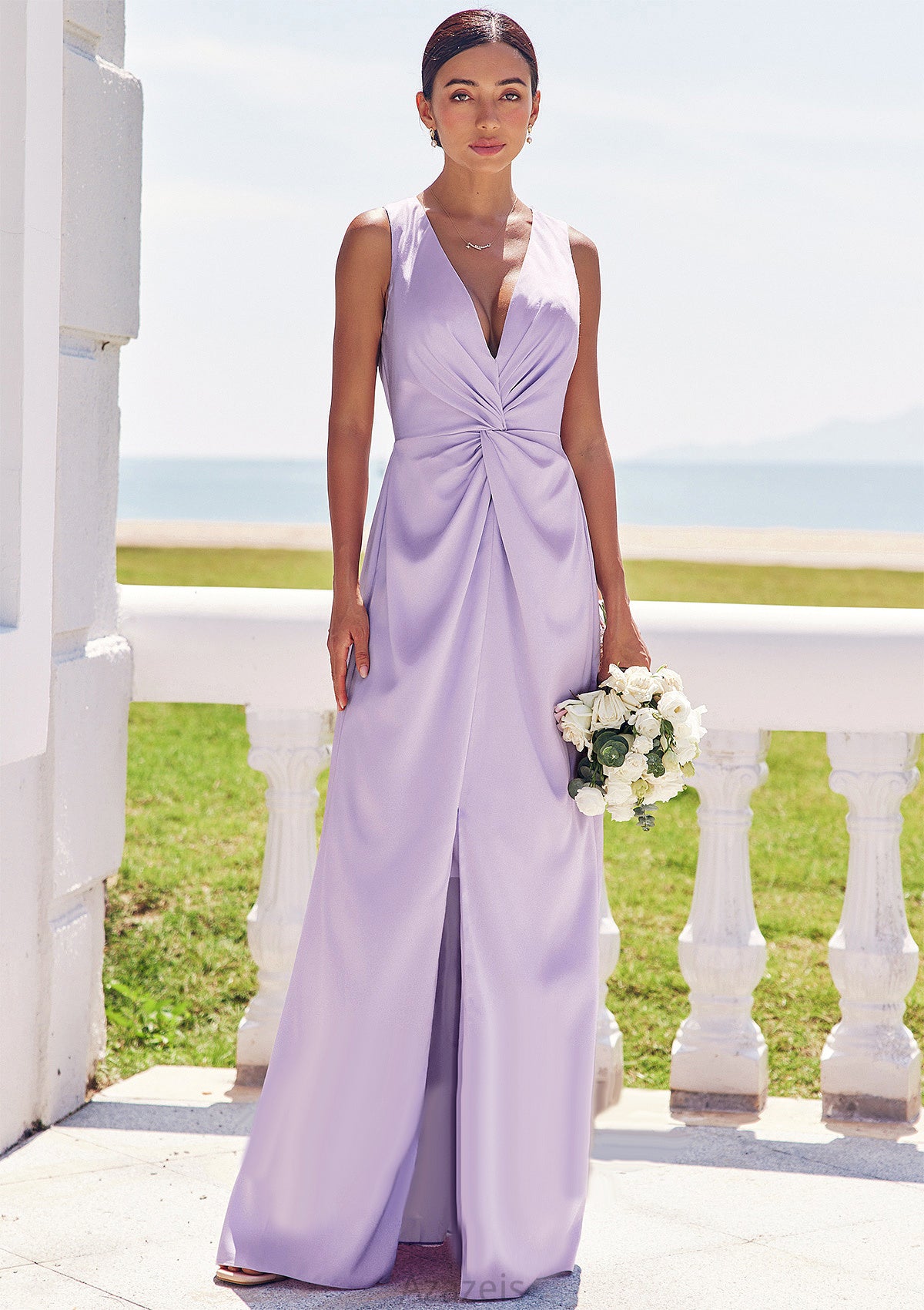 A-line V Neck Sleeveless Floor-Length Stretch Satin Bridesmaid Dresses with Pleated Split Rachael DFP0025276