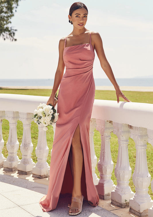 Sheath/Column Square Neckline Sleeveless Floor-Length Stretch Satin Bridesmaid Dresses with Pleated Split Silvia DFP0025277