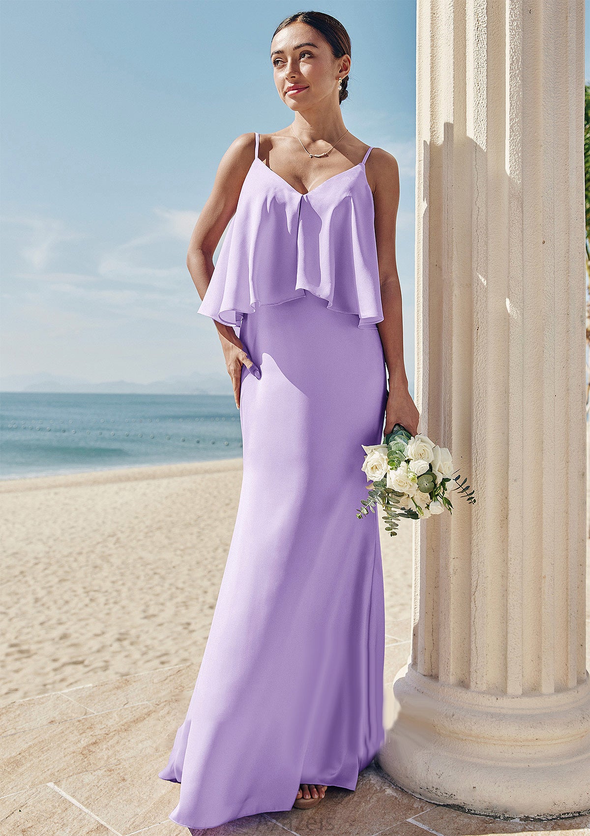 Sheath/Column V Neck Sleeveless Floor-Length Stretch Satin Bridesmaid Dresses with Ruffles Ali DFP0025278