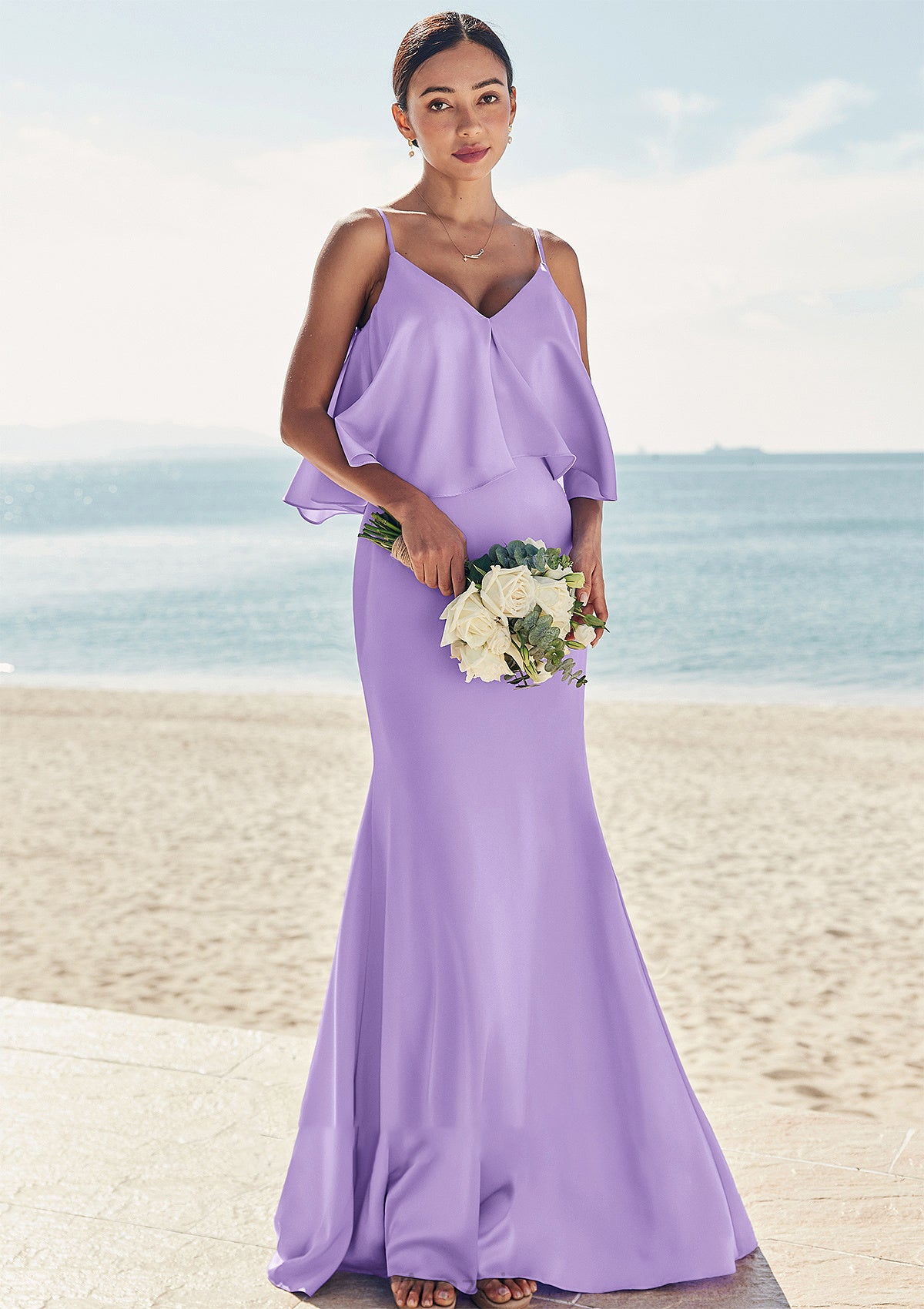 Sheath/Column V Neck Sleeveless Floor-Length Stretch Satin Bridesmaid Dresses with Ruffles Ali DFP0025278