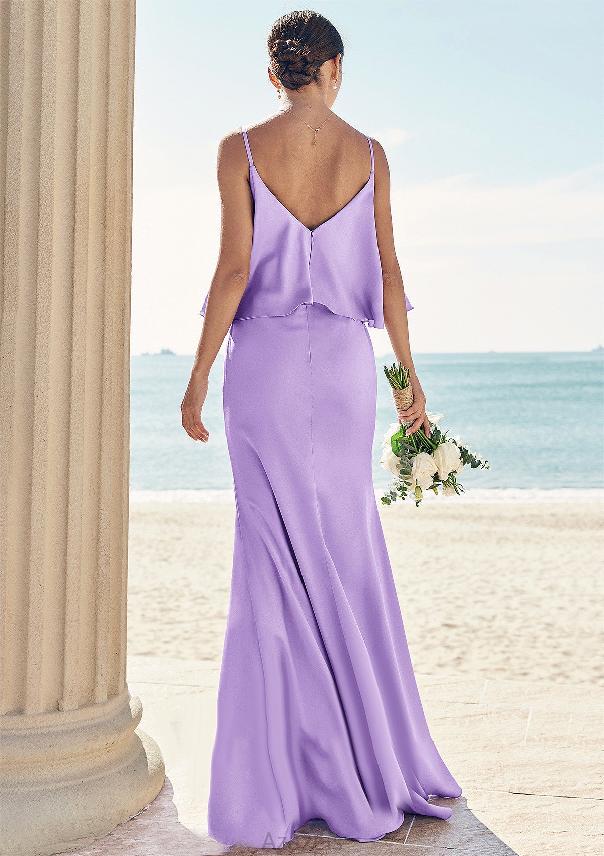 Sheath/Column V Neck Sleeveless Floor-Length Stretch Satin Bridesmaid Dresses with Ruffles Ali DFP0025278