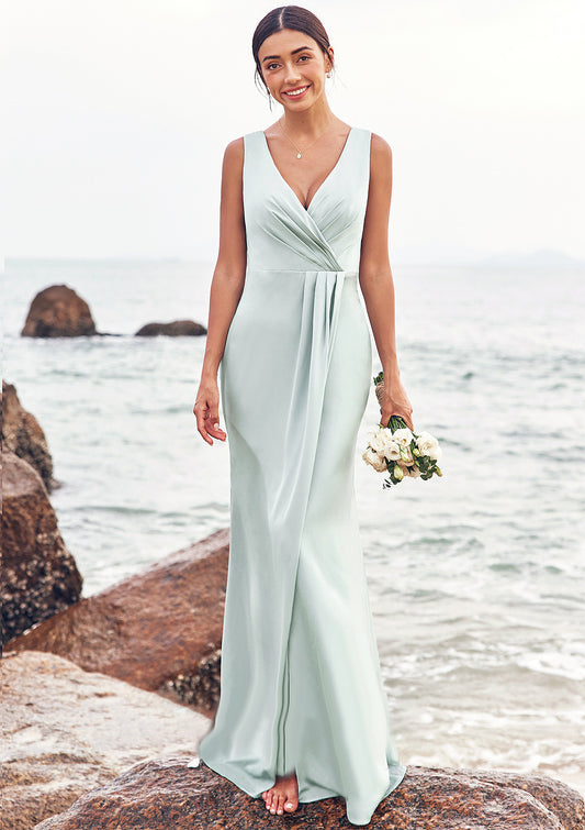 Sheath/Column V Neck Sleeveless Floor-Length Stretch Satin Bridesmaid Dresses with Pleated Split Emely DFP0025279