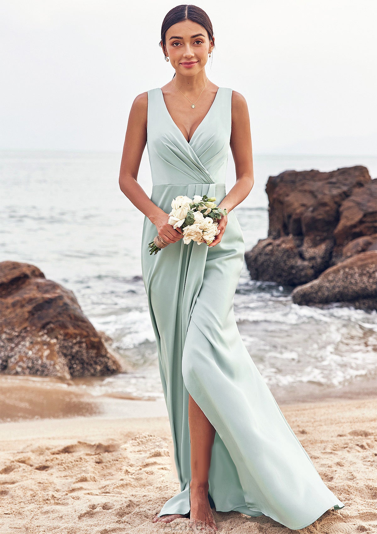 Sheath/Column V Neck Sleeveless Floor-Length Stretch Satin Bridesmaid Dresses with Pleated Split Emely DFP0025279