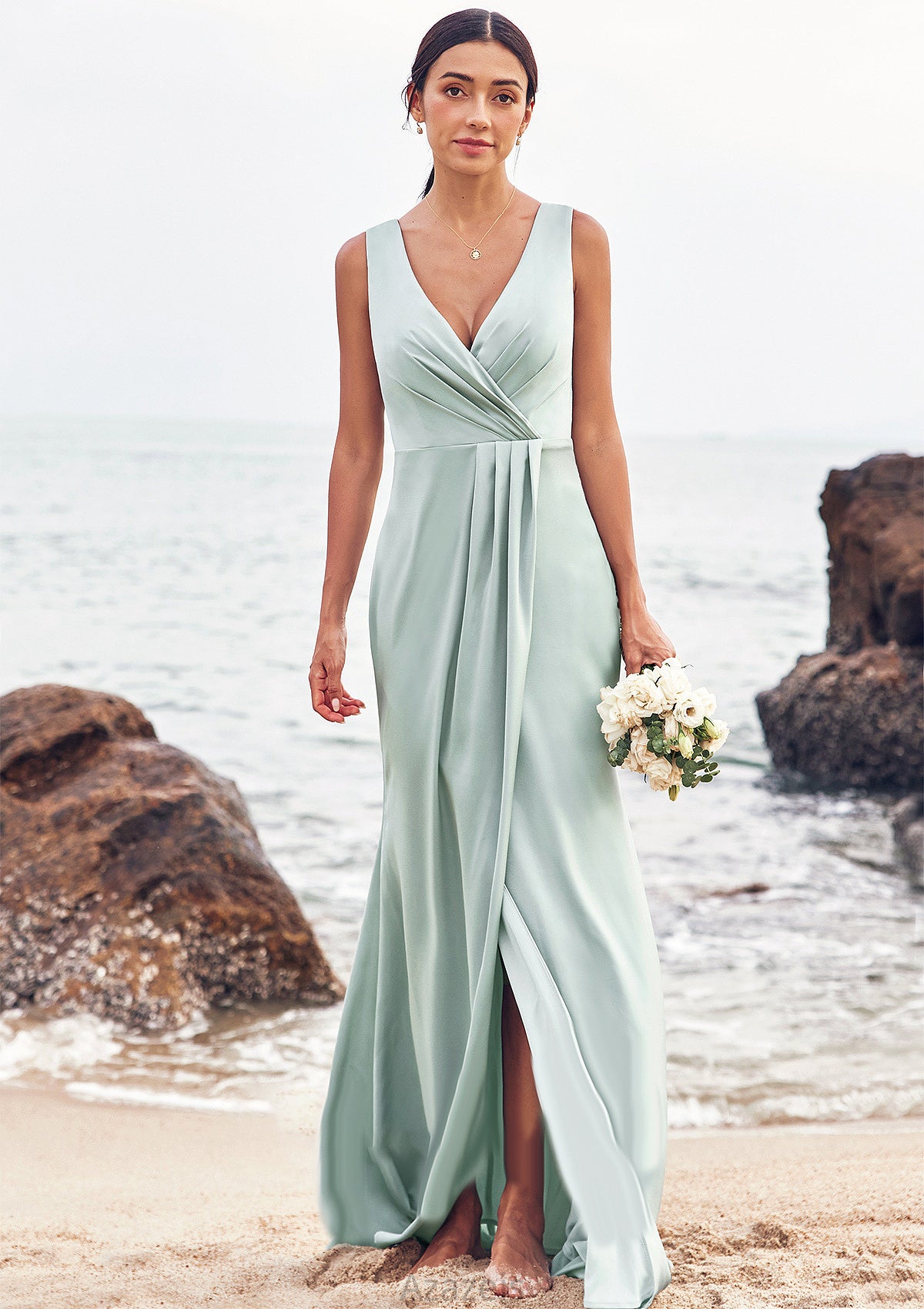 Sheath/Column V Neck Sleeveless Floor-Length Stretch Satin Bridesmaid Dresses with Pleated Split Emely DFP0025279